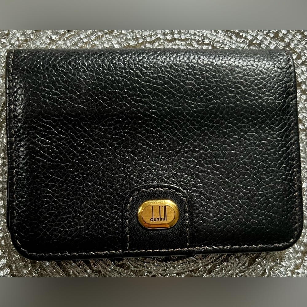 Vintage Dunhill Black Leather Unisex Card Case with Gold Accent